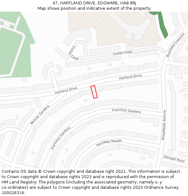 47, HARTLAND DRIVE, EDGWARE, HA8 8RJ: Location map and indicative extent of plot