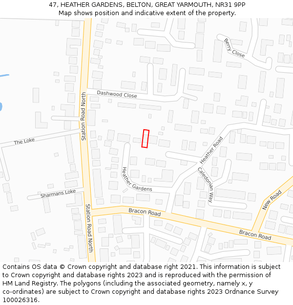 47, HEATHER GARDENS, BELTON, GREAT YARMOUTH, NR31 9PP: Location map and indicative extent of plot