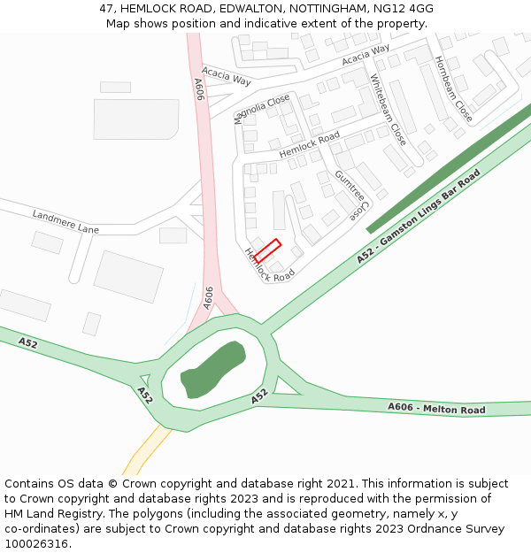 47, HEMLOCK ROAD, EDWALTON, NOTTINGHAM, NG12 4GG: Location map and indicative extent of plot