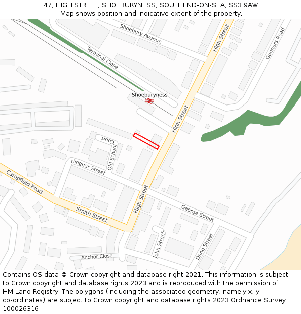 47, HIGH STREET, SHOEBURYNESS, SOUTHEND-ON-SEA, SS3 9AW: Location map and indicative extent of plot