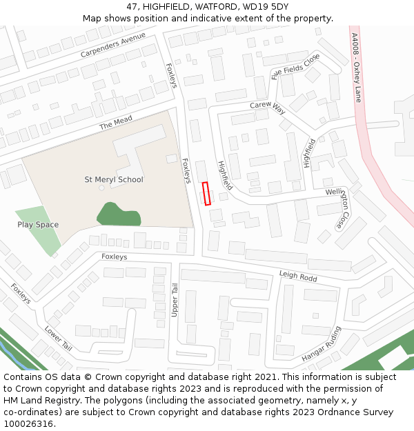 47, HIGHFIELD, WATFORD, WD19 5DY: Location map and indicative extent of plot