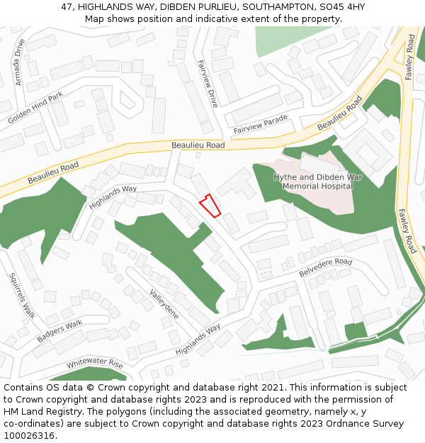 47, HIGHLANDS WAY, DIBDEN PURLIEU, SOUTHAMPTON, SO45 4HY: Location map and indicative extent of plot