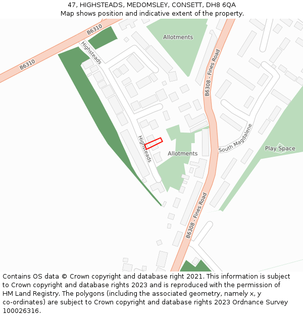 47, HIGHSTEADS, MEDOMSLEY, CONSETT, DH8 6QA: Location map and indicative extent of plot