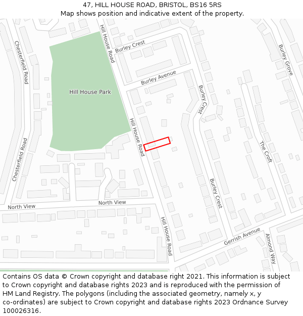 47, HILL HOUSE ROAD, BRISTOL, BS16 5RS: Location map and indicative extent of plot