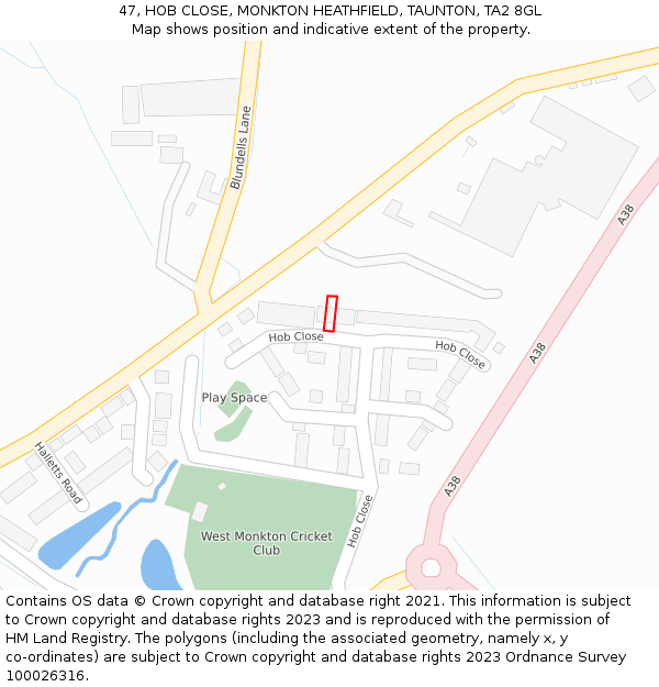 47, HOB CLOSE, MONKTON HEATHFIELD, TAUNTON, TA2 8GL: Location map and indicative extent of plot