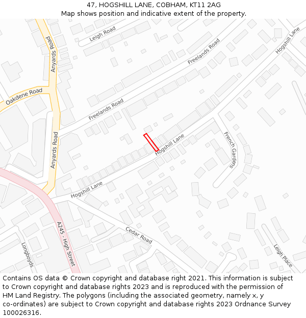 47, HOGSHILL LANE, COBHAM, KT11 2AG: Location map and indicative extent of plot