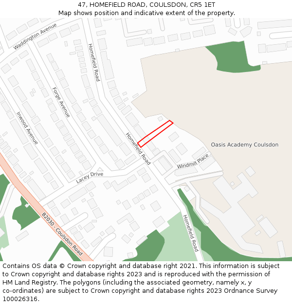 47, HOMEFIELD ROAD, COULSDON, CR5 1ET: Location map and indicative extent of plot