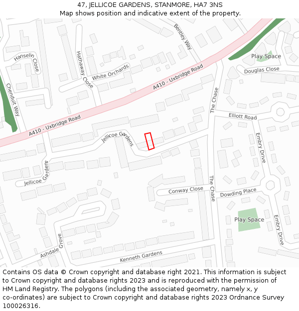 47, JELLICOE GARDENS, STANMORE, HA7 3NS: Location map and indicative extent of plot