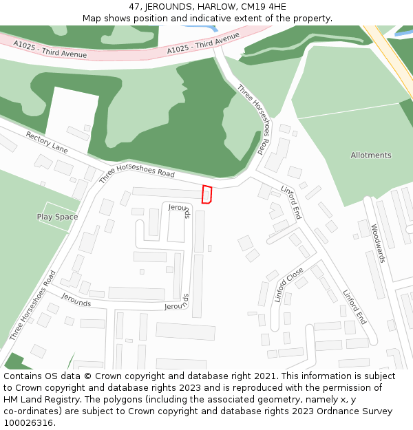 47, JEROUNDS, HARLOW, CM19 4HE: Location map and indicative extent of plot