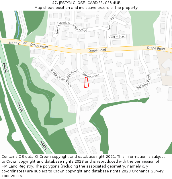 47, JESTYN CLOSE, CARDIFF, CF5 4UR: Location map and indicative extent of plot