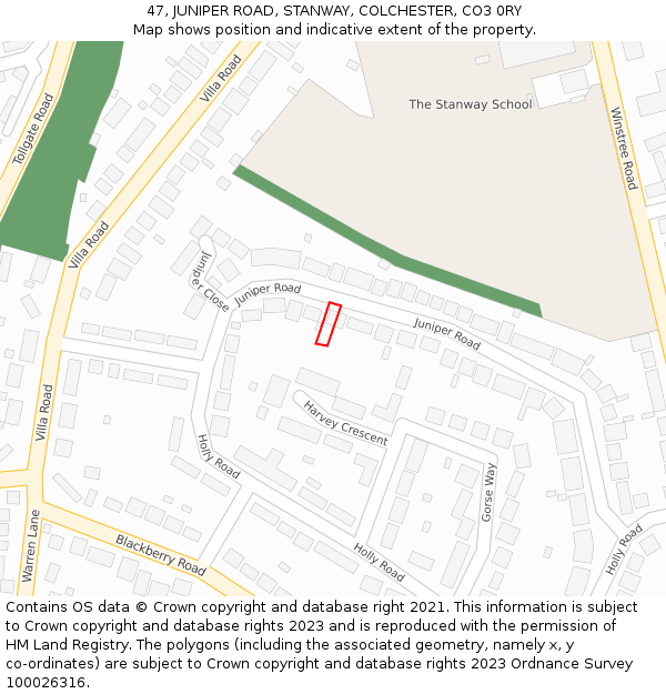 47, JUNIPER ROAD, STANWAY, COLCHESTER, CO3 0RY: Location map and indicative extent of plot