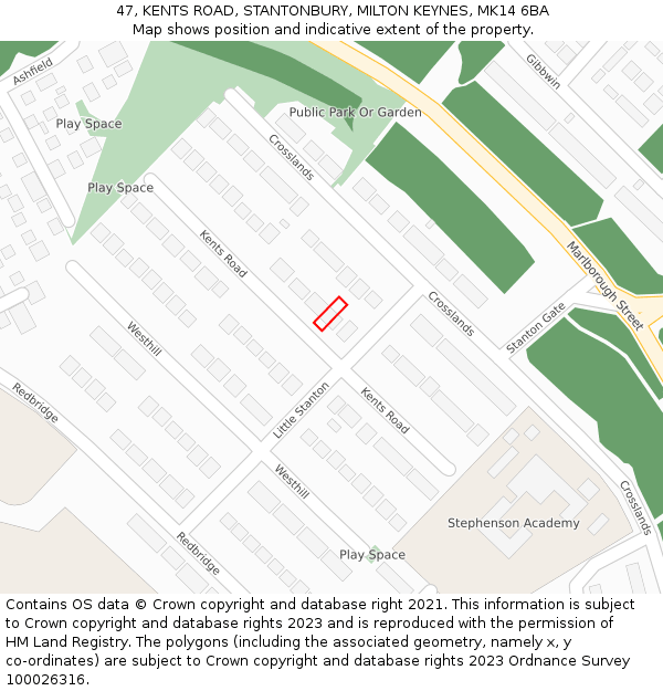 47, KENTS ROAD, STANTONBURY, MILTON KEYNES, MK14 6BA: Location map and indicative extent of plot