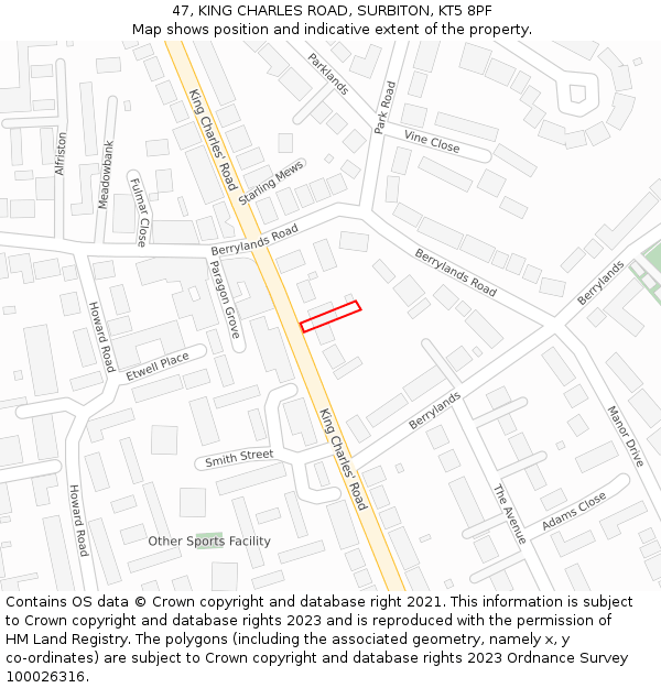 47, KING CHARLES ROAD, SURBITON, KT5 8PF: Location map and indicative extent of plot