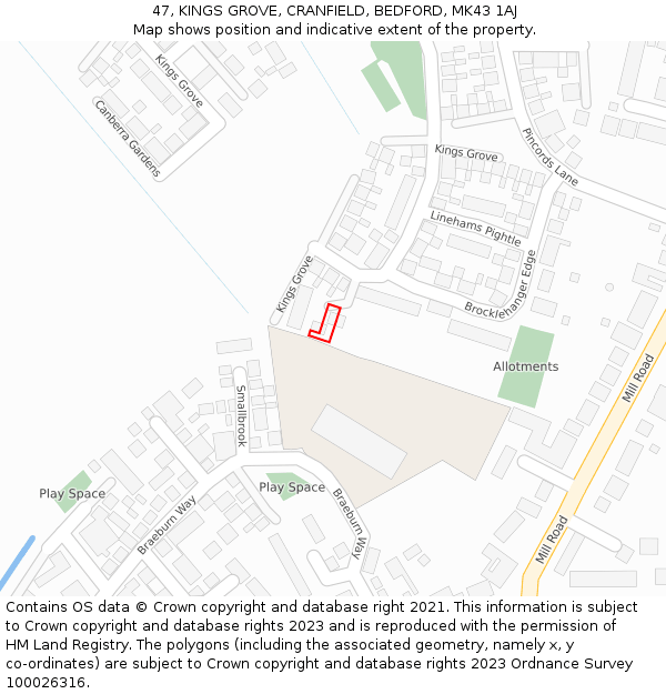 47, KINGS GROVE, CRANFIELD, BEDFORD, MK43 1AJ: Location map and indicative extent of plot