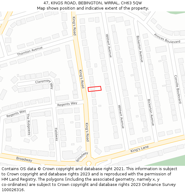 47, KINGS ROAD, BEBINGTON, WIRRAL, CH63 5QW: Location map and indicative extent of plot