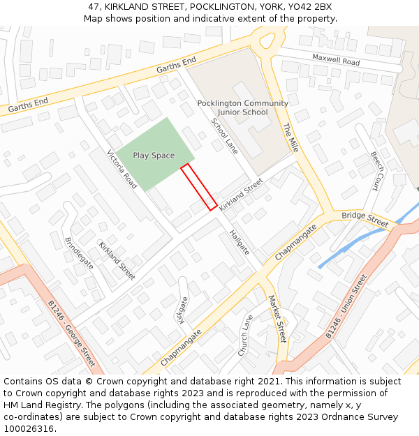 47, KIRKLAND STREET, POCKLINGTON, YORK, YO42 2BX: Location map and indicative extent of plot