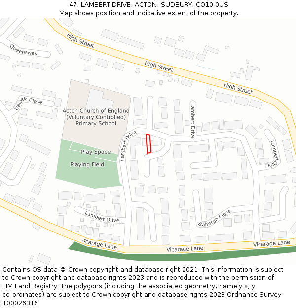 47, LAMBERT DRIVE, ACTON, SUDBURY, CO10 0US: Location map and indicative extent of plot