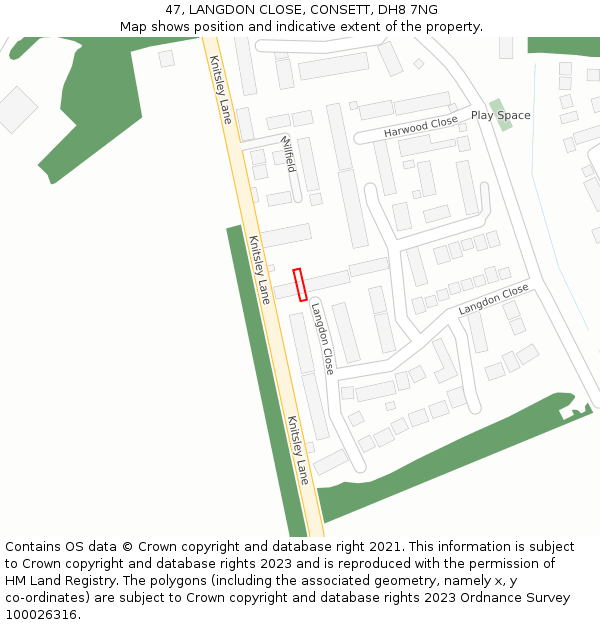 47, LANGDON CLOSE, CONSETT, DH8 7NG: Location map and indicative extent of plot