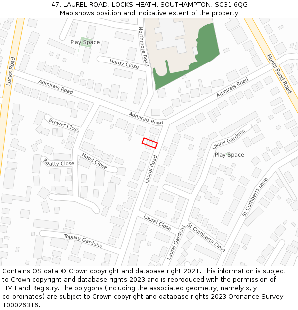 47, LAUREL ROAD, LOCKS HEATH, SOUTHAMPTON, SO31 6QG: Location map and indicative extent of plot