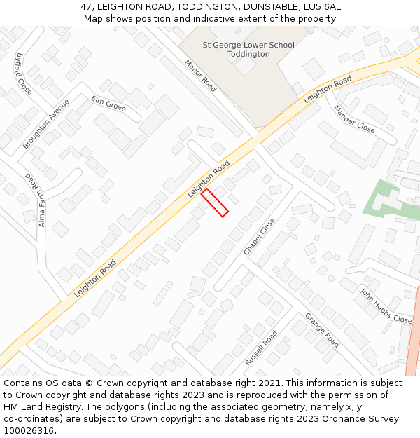 47, LEIGHTON ROAD, TODDINGTON, DUNSTABLE, LU5 6AL: Location map and indicative extent of plot