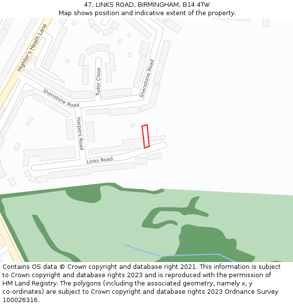 47, LINKS ROAD, BIRMINGHAM, B14 4TW: Location map and indicative extent of plot