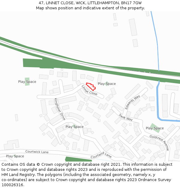 47, LINNET CLOSE, WICK, LITTLEHAMPTON, BN17 7GW: Location map and indicative extent of plot