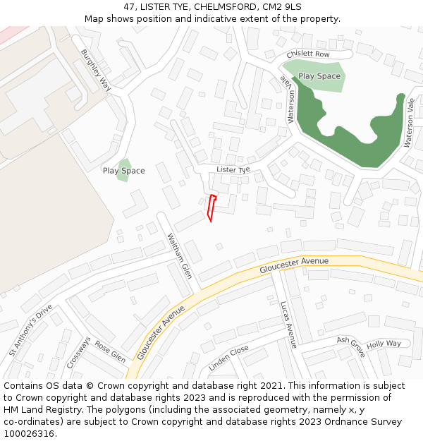 47, LISTER TYE, CHELMSFORD, CM2 9LS: Location map and indicative extent of plot