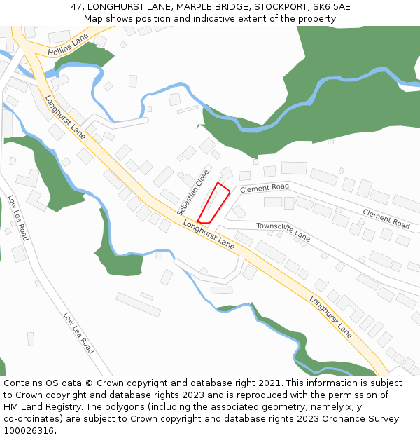 47, LONGHURST LANE, MARPLE BRIDGE, STOCKPORT, SK6 5AE: Location map and indicative extent of plot