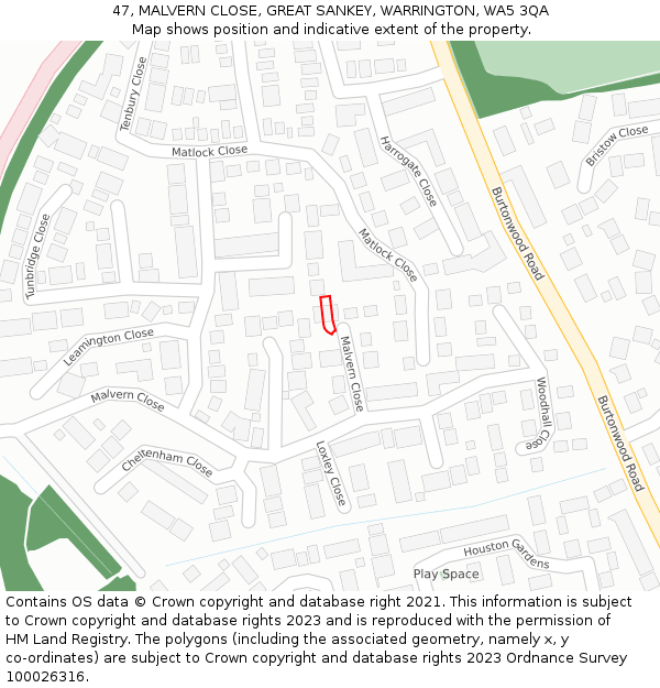 47, MALVERN CLOSE, GREAT SANKEY, WARRINGTON, WA5 3QA: Location map and indicative extent of plot