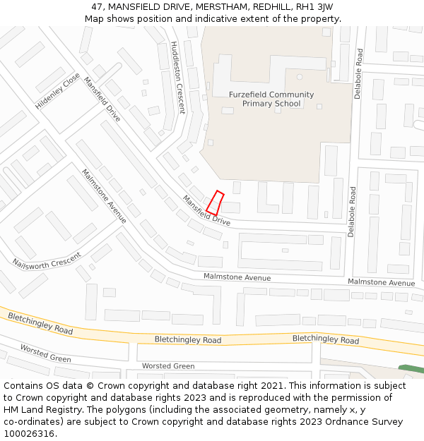 47, MANSFIELD DRIVE, MERSTHAM, REDHILL, RH1 3JW: Location map and indicative extent of plot