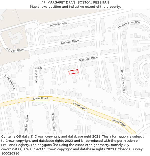 47, MARGARET DRIVE, BOSTON, PE21 9AN: Location map and indicative extent of plot