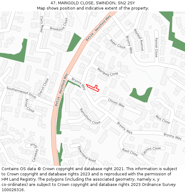 47, MARIGOLD CLOSE, SWINDON, SN2 2SY: Location map and indicative extent of plot