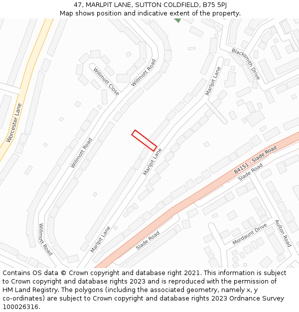 47, MARLPIT LANE, SUTTON COLDFIELD, B75 5PJ: Location map and indicative extent of plot