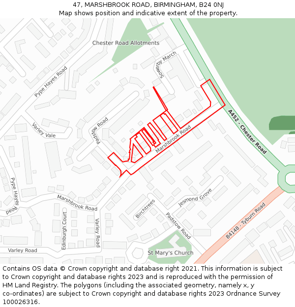 47, MARSHBROOK ROAD, BIRMINGHAM, B24 0NJ: Location map and indicative extent of plot