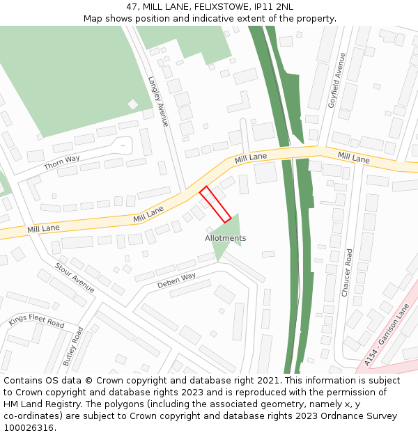 47, MILL LANE, FELIXSTOWE, IP11 2NL: Location map and indicative extent of plot