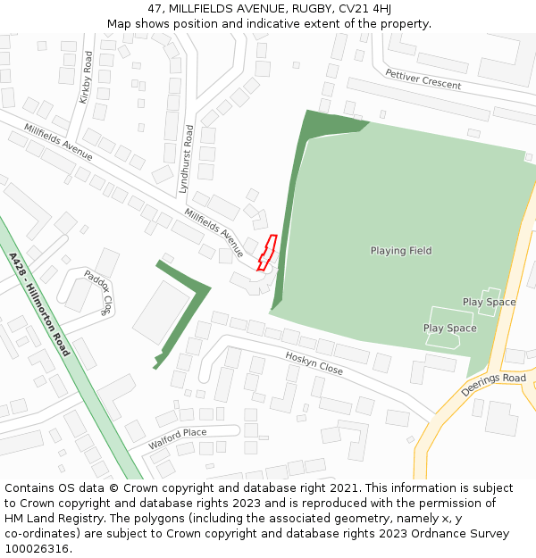 47, MILLFIELDS AVENUE, RUGBY, CV21 4HJ: Location map and indicative extent of plot