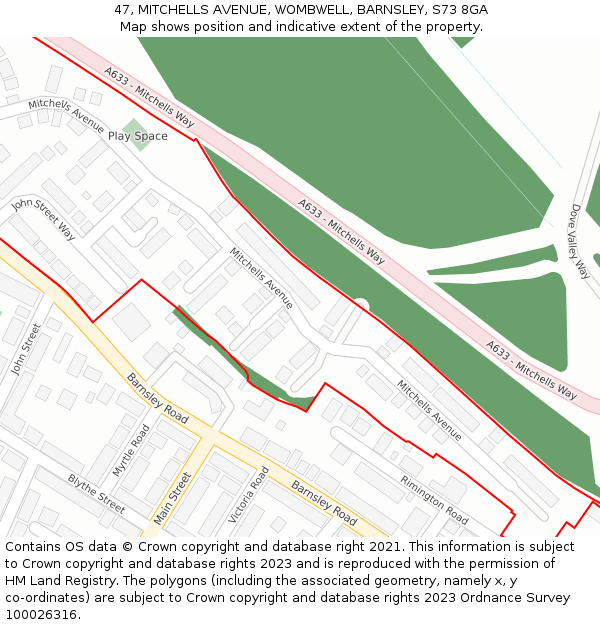 47, MITCHELLS AVENUE, WOMBWELL, BARNSLEY, S73 8GA: Location map and indicative extent of plot