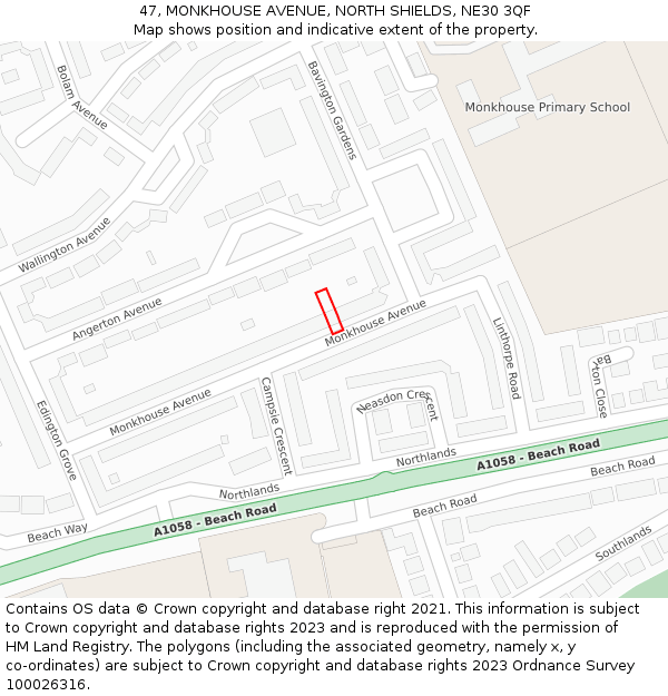 47, MONKHOUSE AVENUE, NORTH SHIELDS, NE30 3QF: Location map and indicative extent of plot