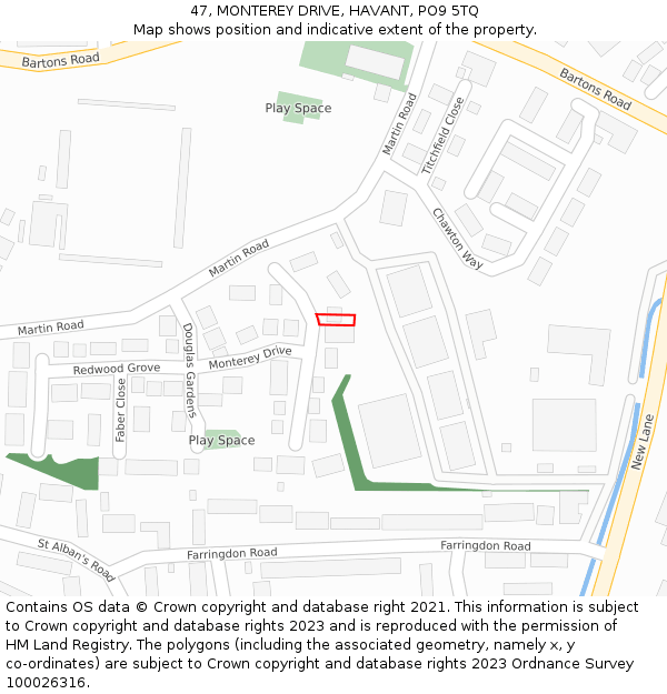 47, MONTEREY DRIVE, HAVANT, PO9 5TQ: Location map and indicative extent of plot