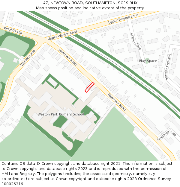 47, NEWTOWN ROAD, SOUTHAMPTON, SO19 9HX: Location map and indicative extent of plot