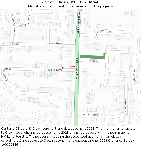 47, NORTH ROAD, BOURNE, PE10 9AU: Location map and indicative extent of plot