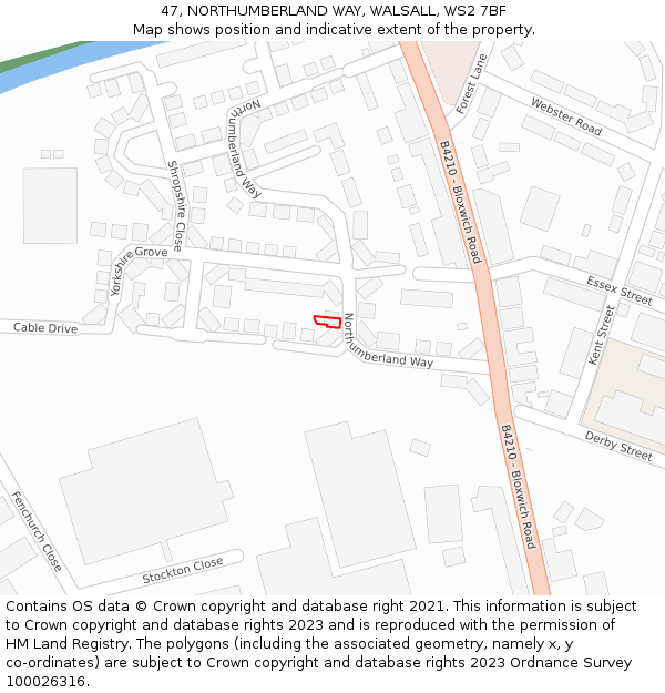 47, NORTHUMBERLAND WAY, WALSALL, WS2 7BF: Location map and indicative extent of plot