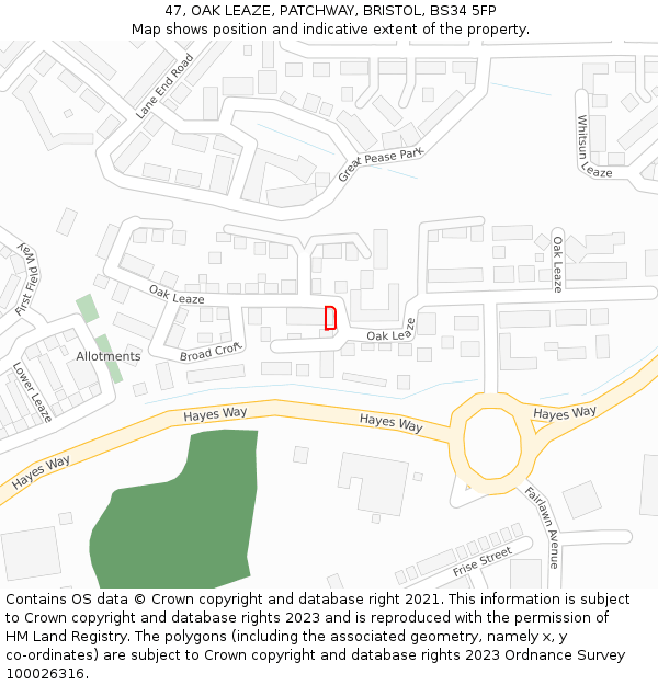 47, OAK LEAZE, PATCHWAY, BRISTOL, BS34 5FP: Location map and indicative extent of plot