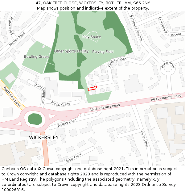 47, OAK TREE CLOSE, WICKERSLEY, ROTHERHAM, S66 2NY: Location map and indicative extent of plot