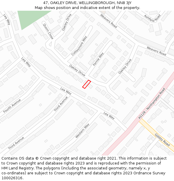 47, OAKLEY DRIVE, WELLINGBOROUGH, NN8 3JY: Location map and indicative extent of plot