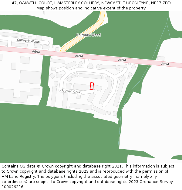 47, OAKWELL COURT, HAMSTERLEY COLLIERY, NEWCASTLE UPON TYNE, NE17 7BD: Location map and indicative extent of plot