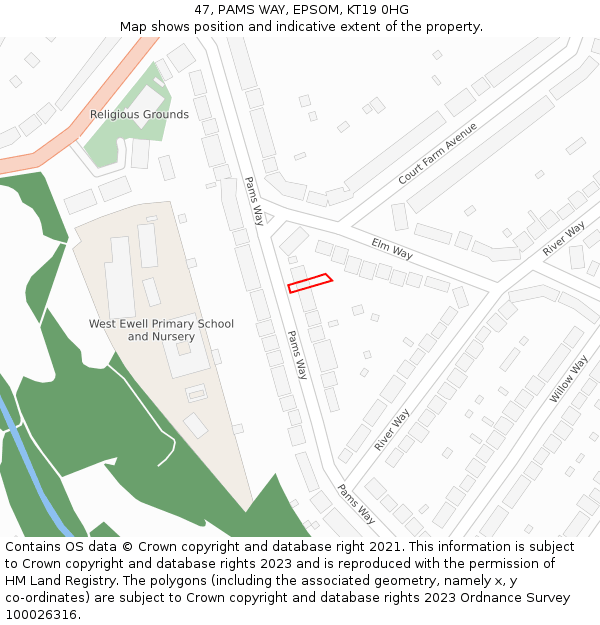 47, PAMS WAY, EPSOM, KT19 0HG: Location map and indicative extent of plot