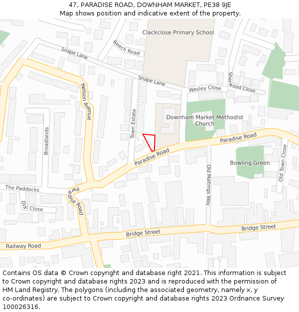 47, PARADISE ROAD, DOWNHAM MARKET, PE38 9JE: Location map and indicative extent of plot