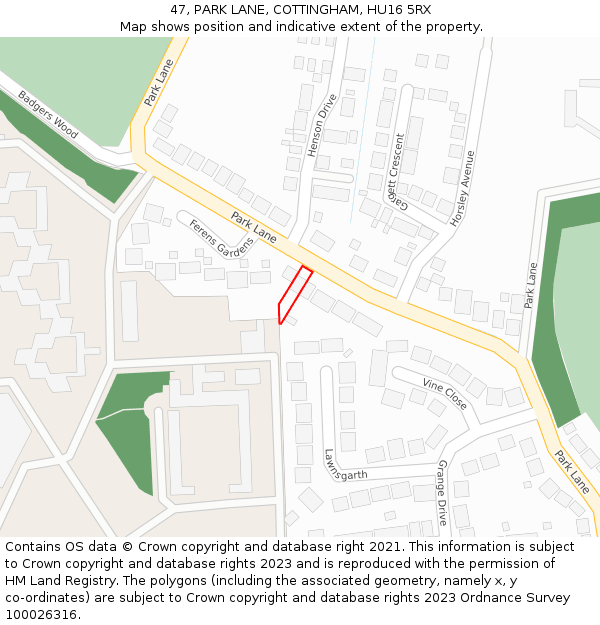47, PARK LANE, COTTINGHAM, HU16 5RX: Location map and indicative extent of plot