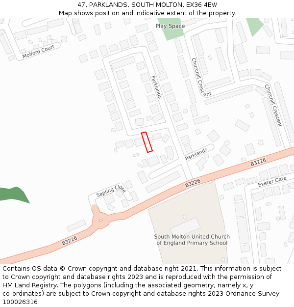 47, PARKLANDS, SOUTH MOLTON, EX36 4EW: Location map and indicative extent of plot